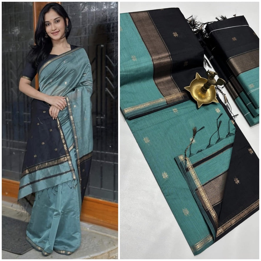 Teal and black - Silk cotton saree