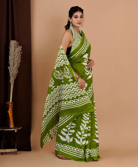 Green Jaipuri Printed Mul Cotton Saree