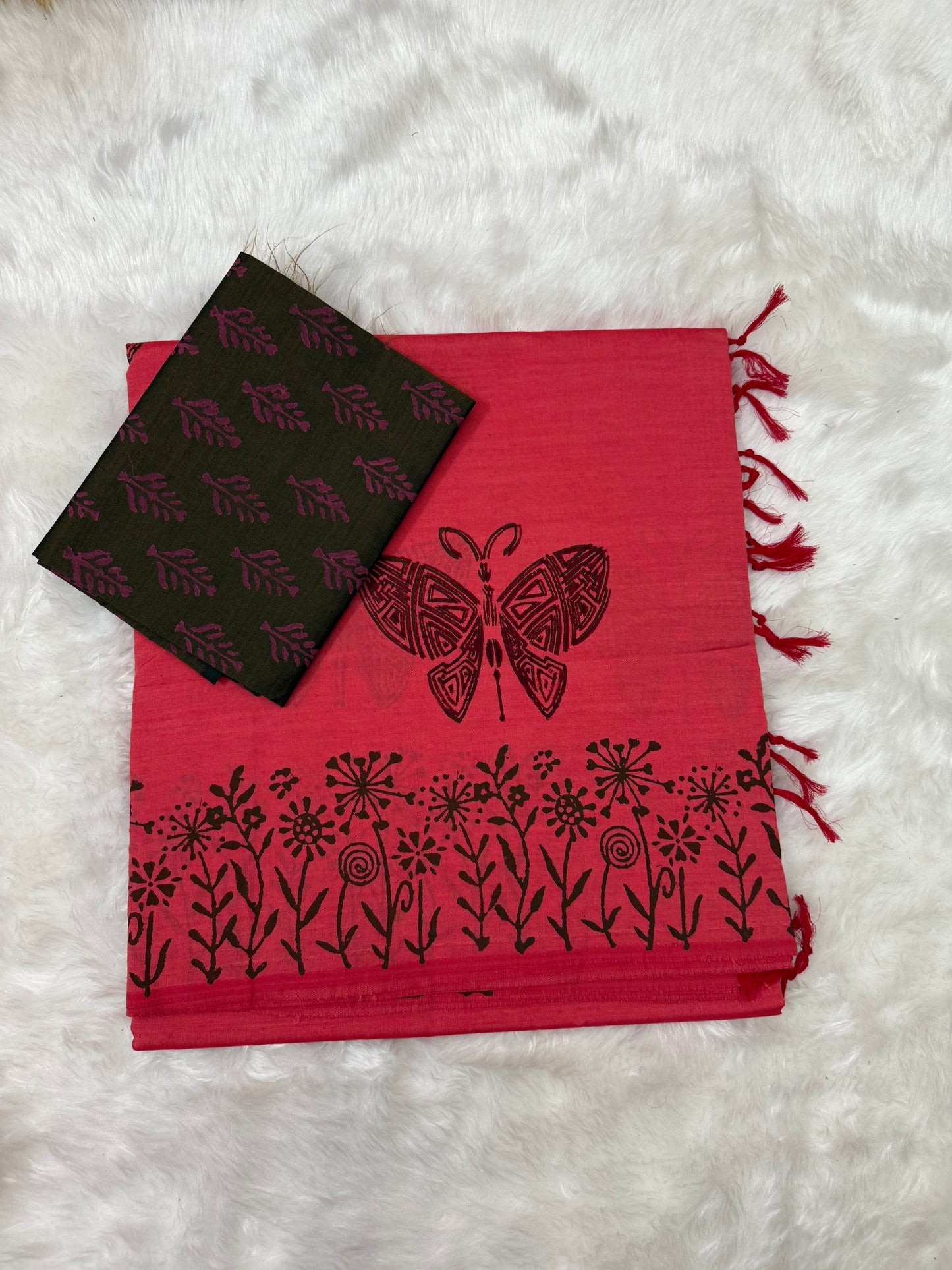 Pink Butterfly Motif Handblock Cotton Saree