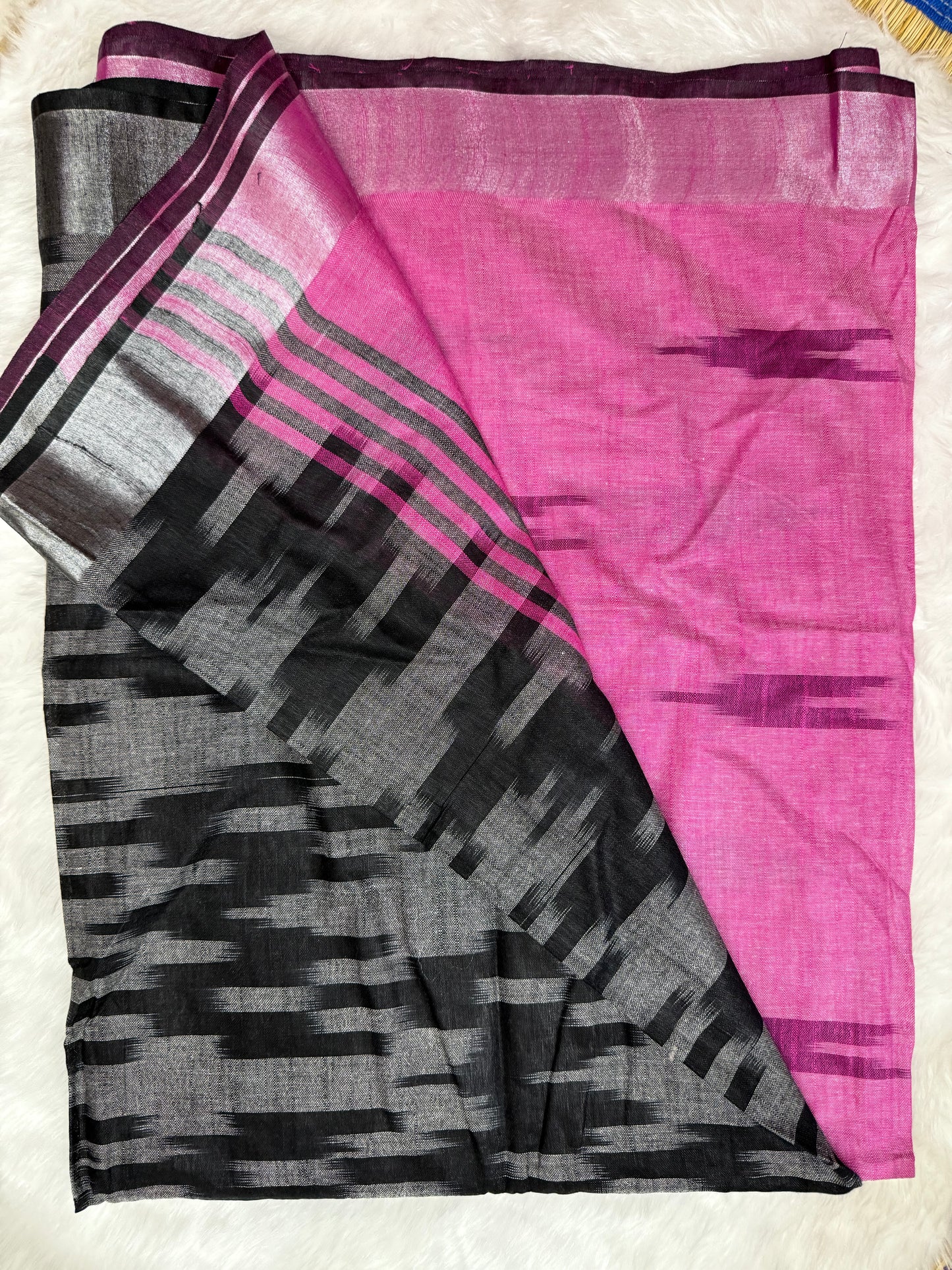 Pinkish Purple - Black Ikkat Linen Cotton Saree