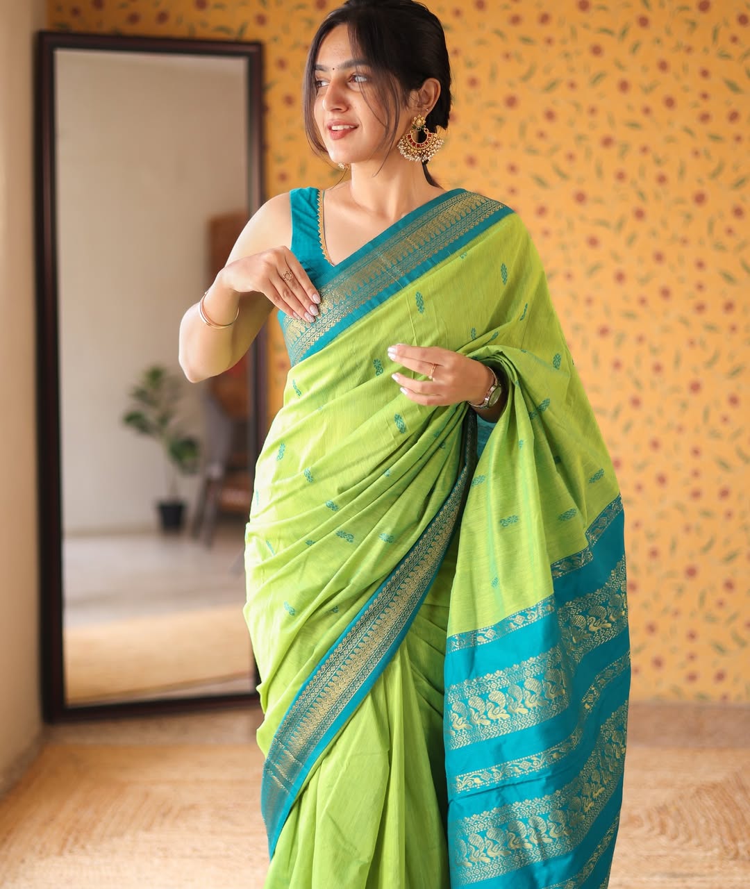 Parrot Green Butta Kalyani Silk Cotton Saree