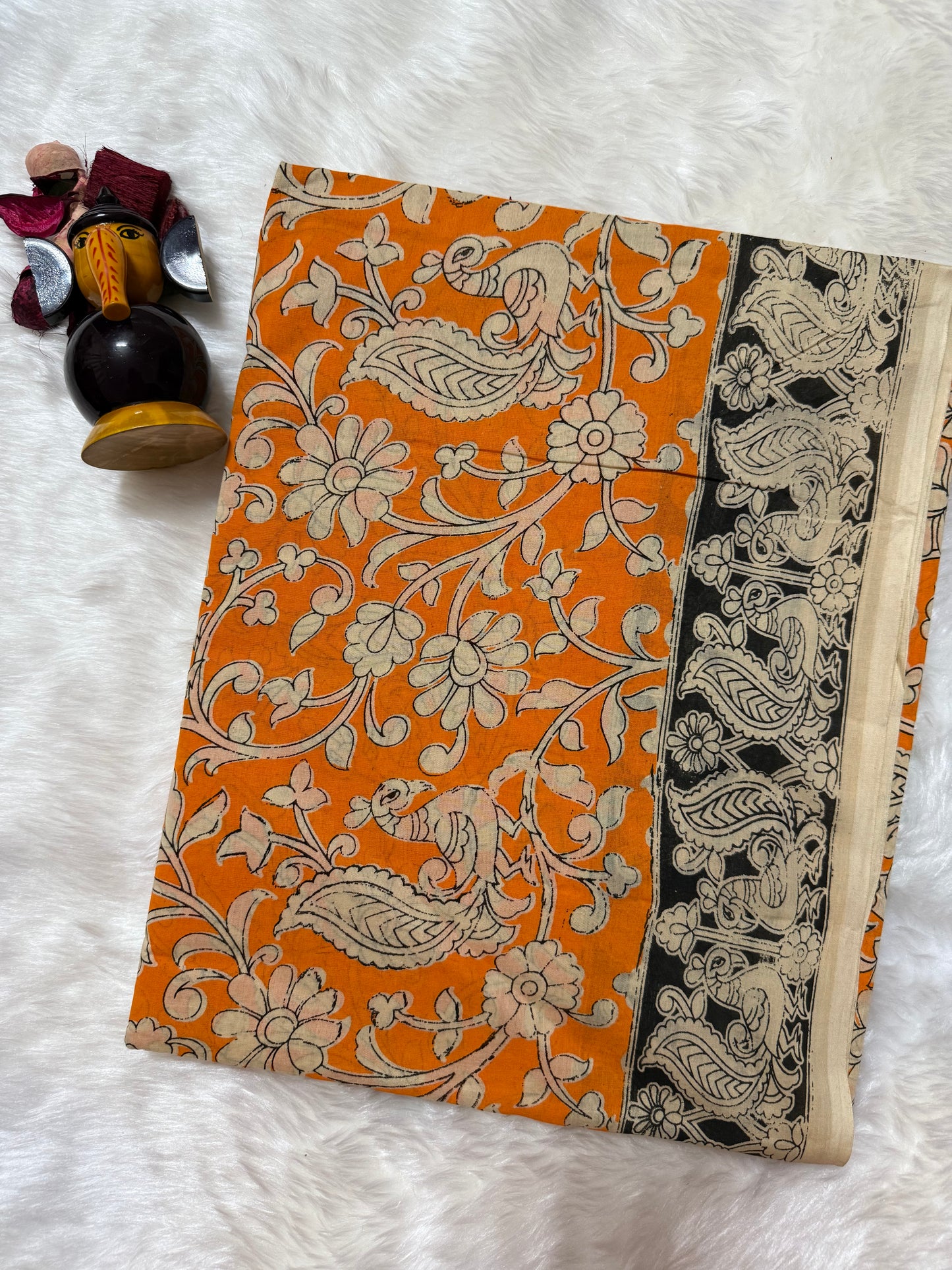 Kalamkari cotton saree Yellow and Black beige with allover prints and printed border