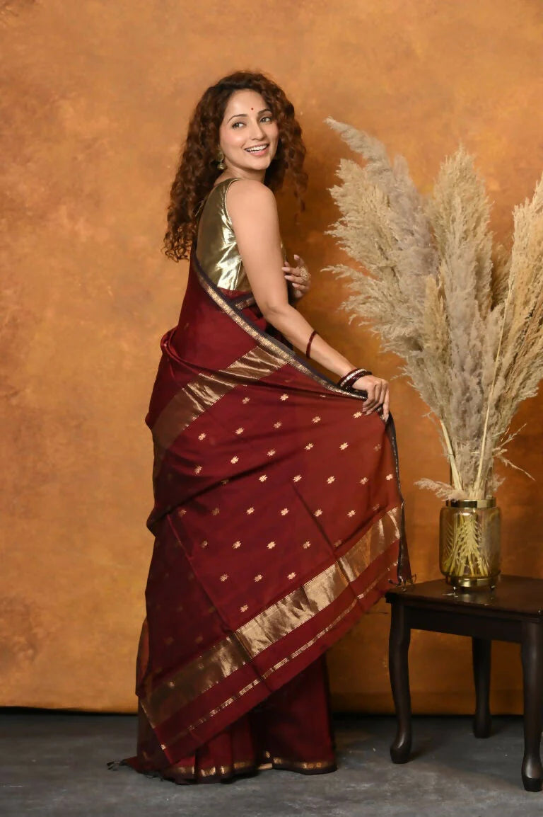Maroon - Silk Cotton Handloom Saree