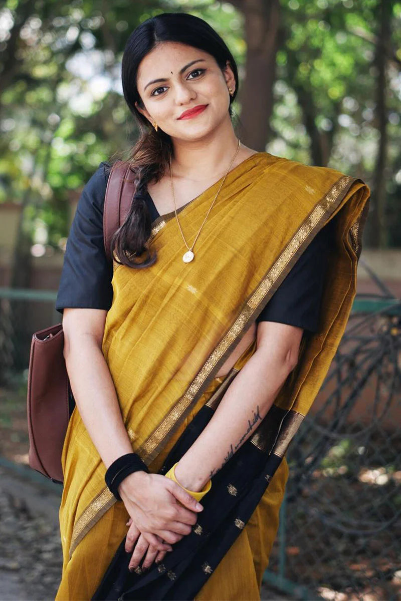 Mustard Ochre and black - Silk cotton Handloom Saree