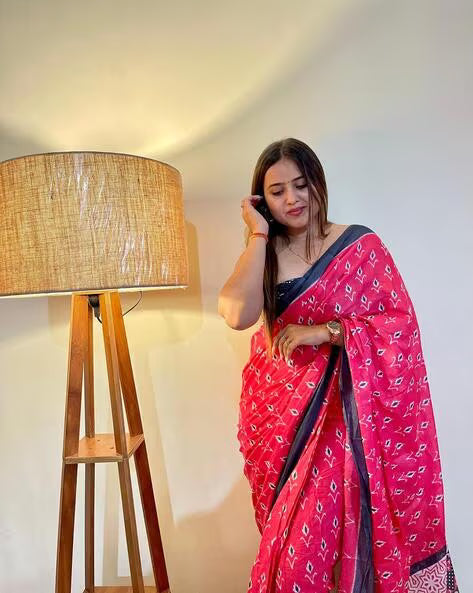 Dark Pink Jaipuri Printed Mul Cotton Saree