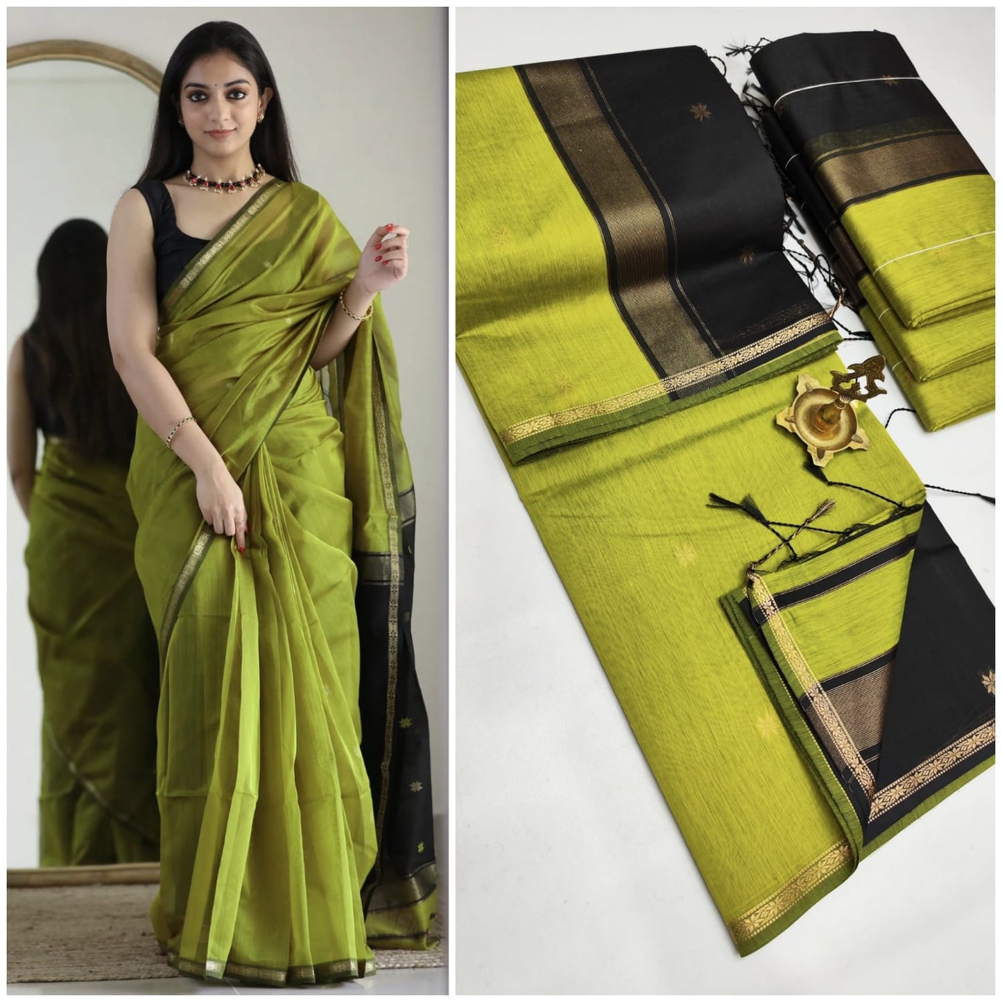 Light Green and black - Silk cotton Handloom Saree