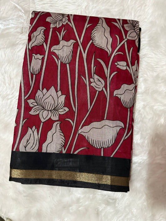Floral Kalamkari Silk Saree – Red with Black Zari Border