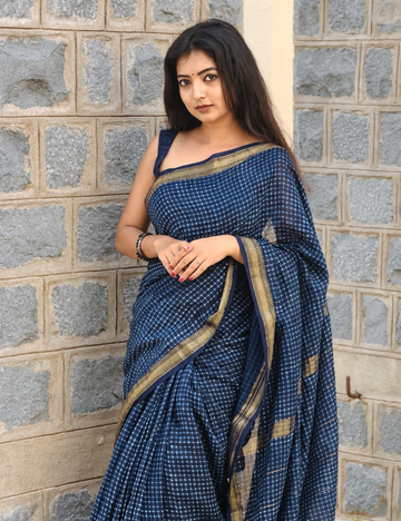 Indigo Premium Handblock Printed Maheswari Silk Saree For Women
