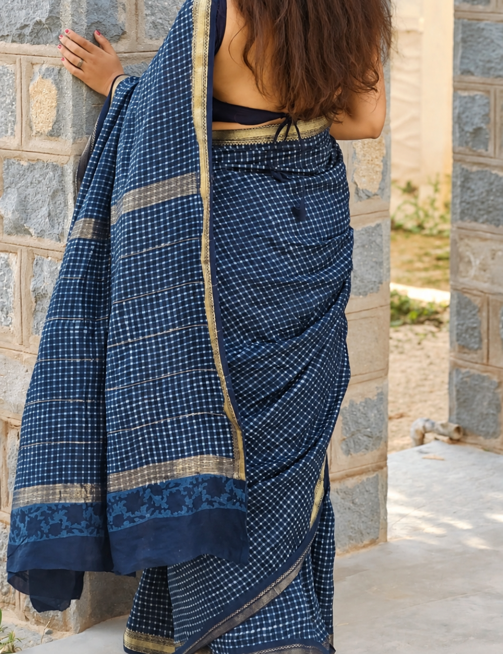 Indigo Premium Handblock Printed Maheswari Silk Saree For Women