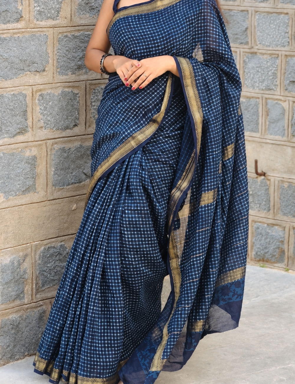 Indigo Premium Handblock Printed Maheswari Silk Saree For Women