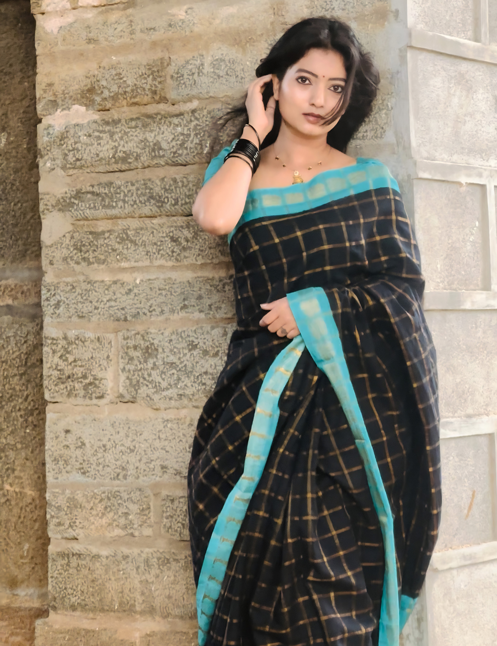 Navy Blue with Teal Pure Sungadi Cotton Handloom Saree