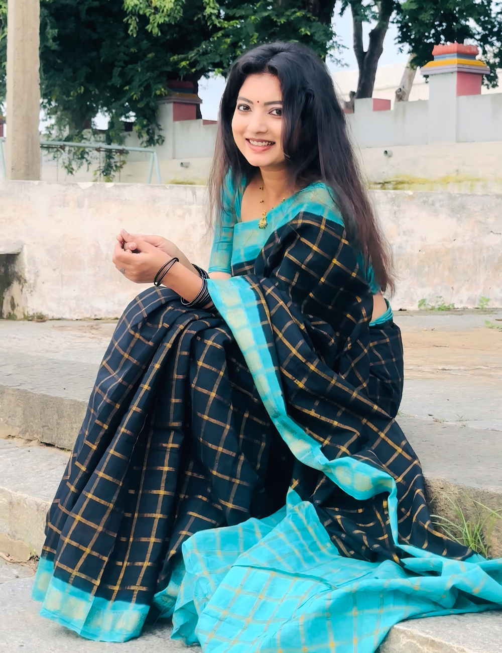 Navy Blue with Teal Pure Sungadi Cotton Handloom Saree