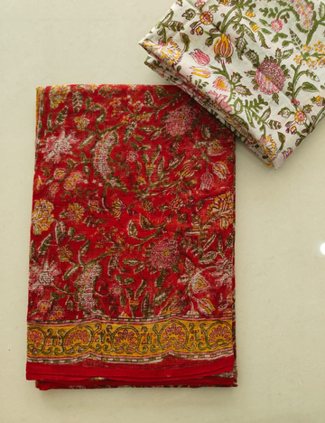 Red | Sanganeri Hand Block Kota Doria Saree
