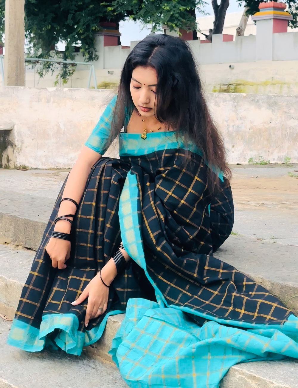 Navy Blue with Teal Pure Sungadi Cotton Handloom Saree