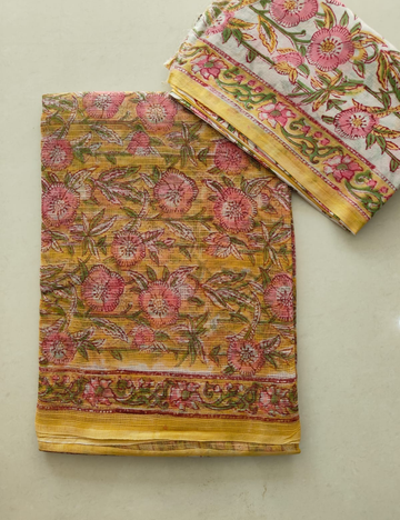 Yellow | Sanganeri Hand Block Kota Doria Saree