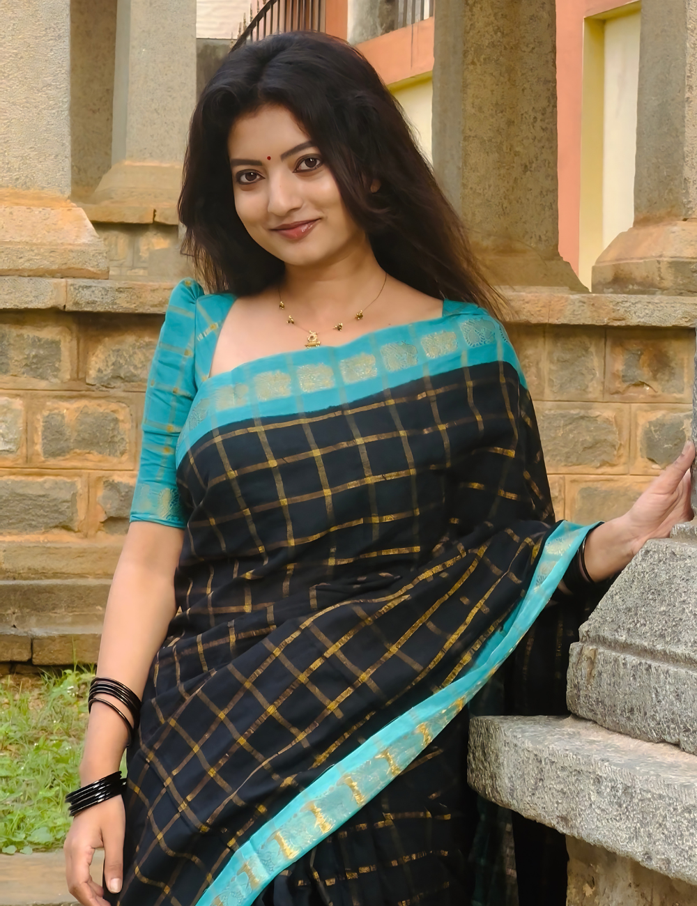 Navy Blue with Teal Pure Sungadi Cotton Handloom Saree