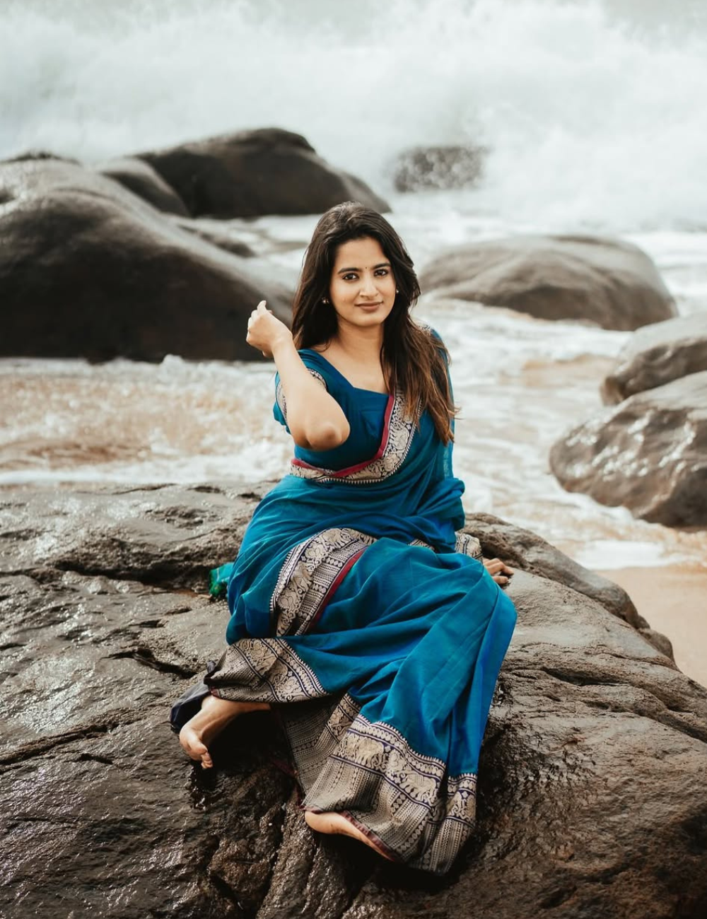 Narayanpet Big border saree – Peacock Blue