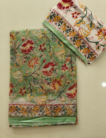 Mint Green | Sanganeri Hand Block Kota Doria Saree