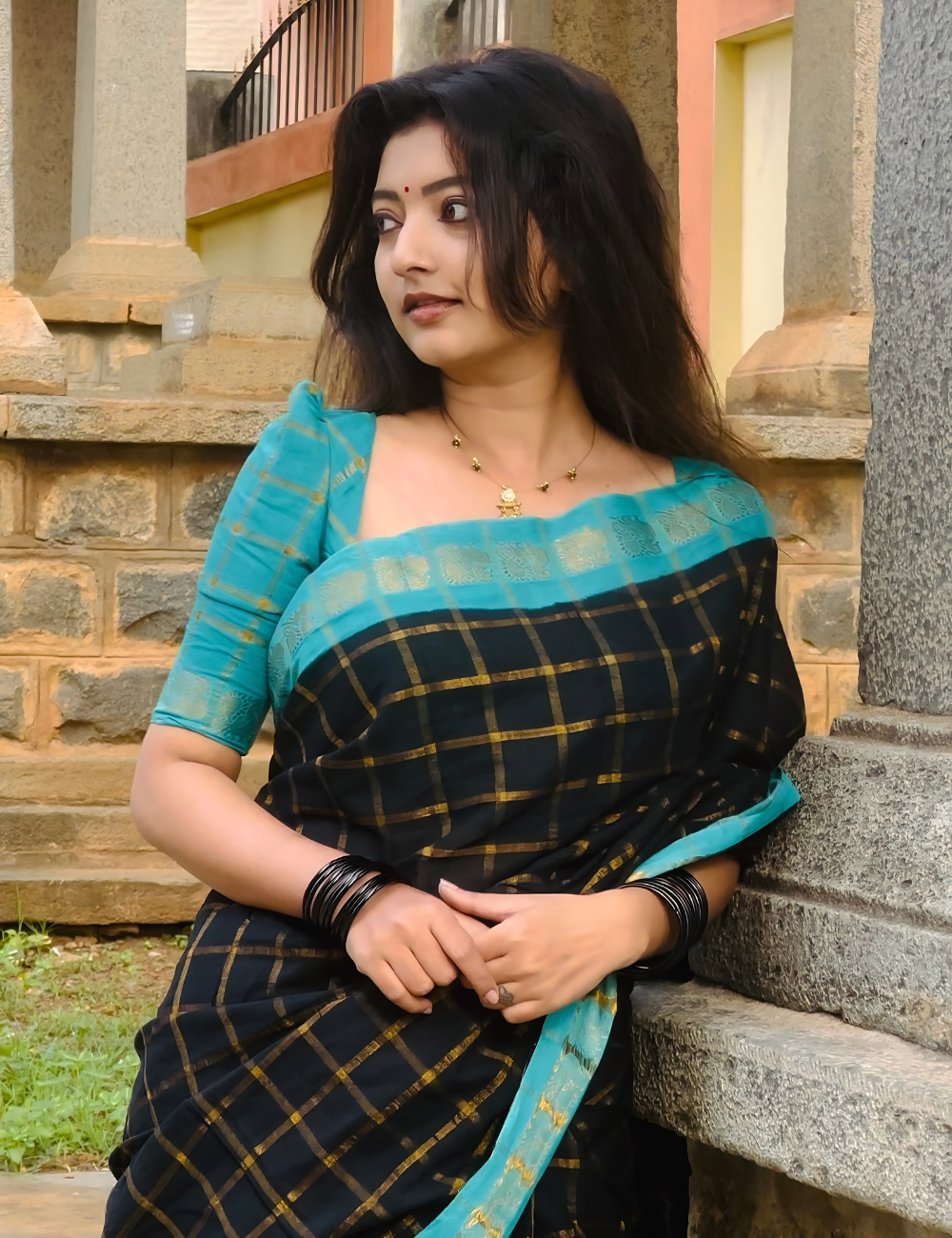 Navy Blue with Teal Pure Sungadi Cotton Handloom Saree