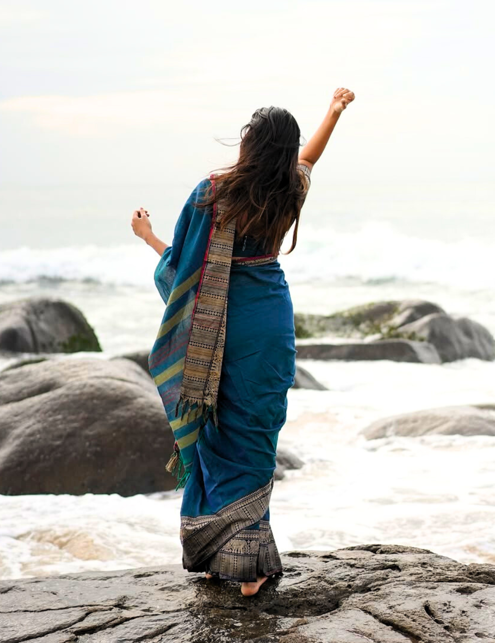 Narayanpet Big border saree – Peacock Blue