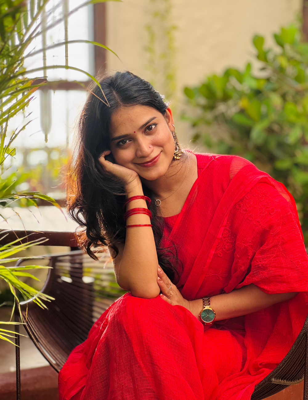 Red | Embroidered Kota Doria Saree