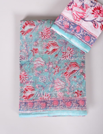 Aqua Blue | Sanganeri Hand Block Kota Doria Saree