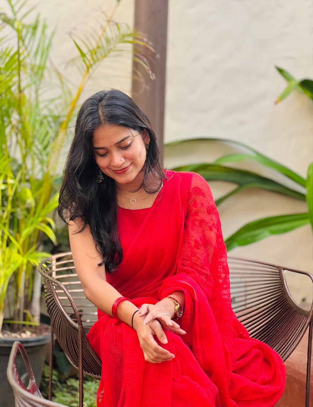 Red | Embroidered Kota Doria Saree