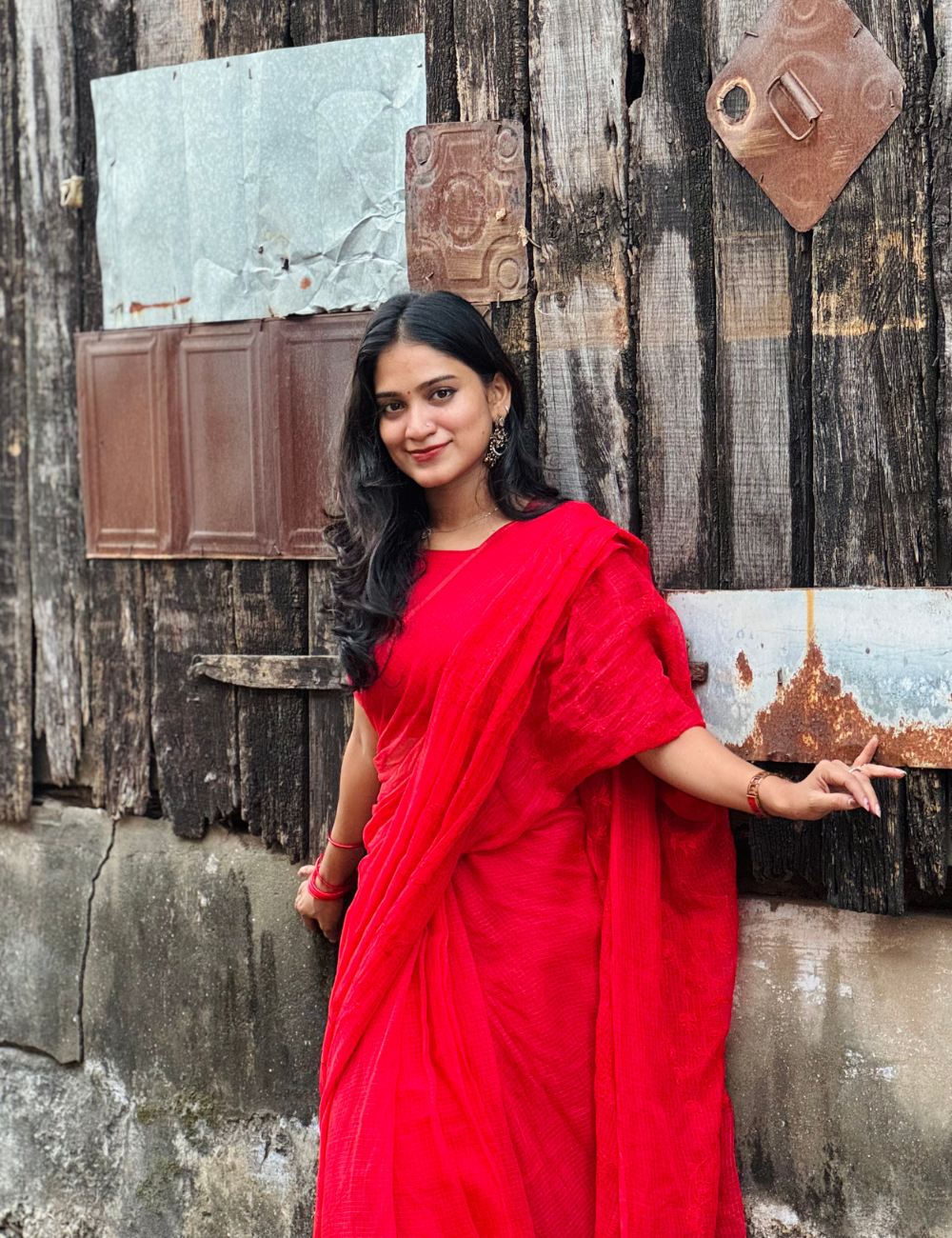 Red | Embroidered Kota Doria Saree