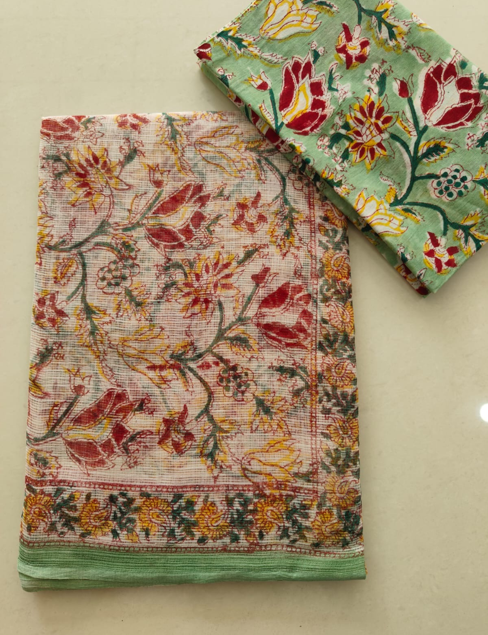 White & Mint Green | Sanganeri Hand Block Kota Doria Saree
