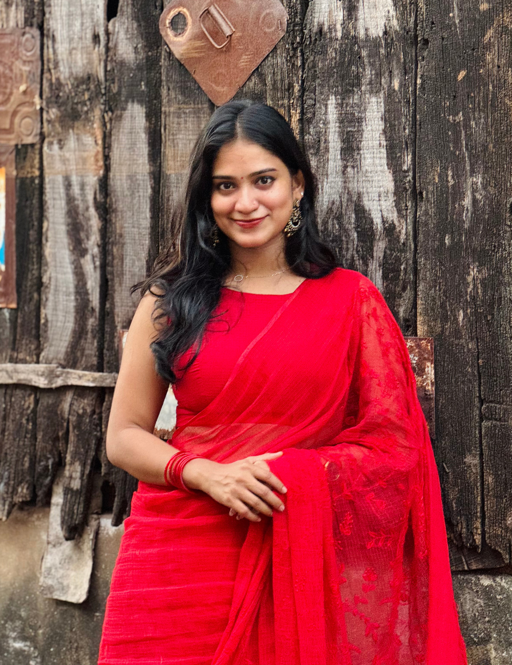 Red | Embroidered Kota Doria Saree