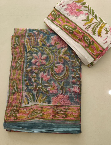 Grey | Sanganeri Hand Block Kota Doria Saree