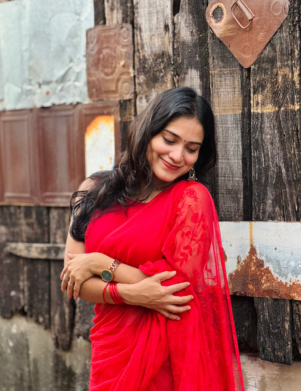 Red | Embroidered Kota Doria Saree