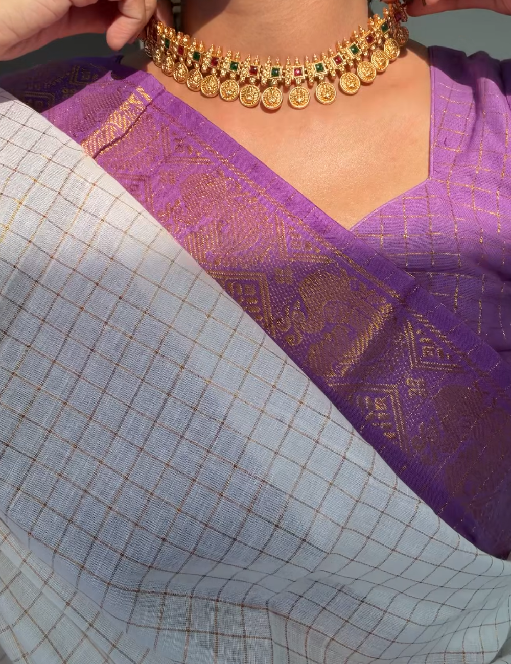 White & Lavender Sungadi Cotton Saree