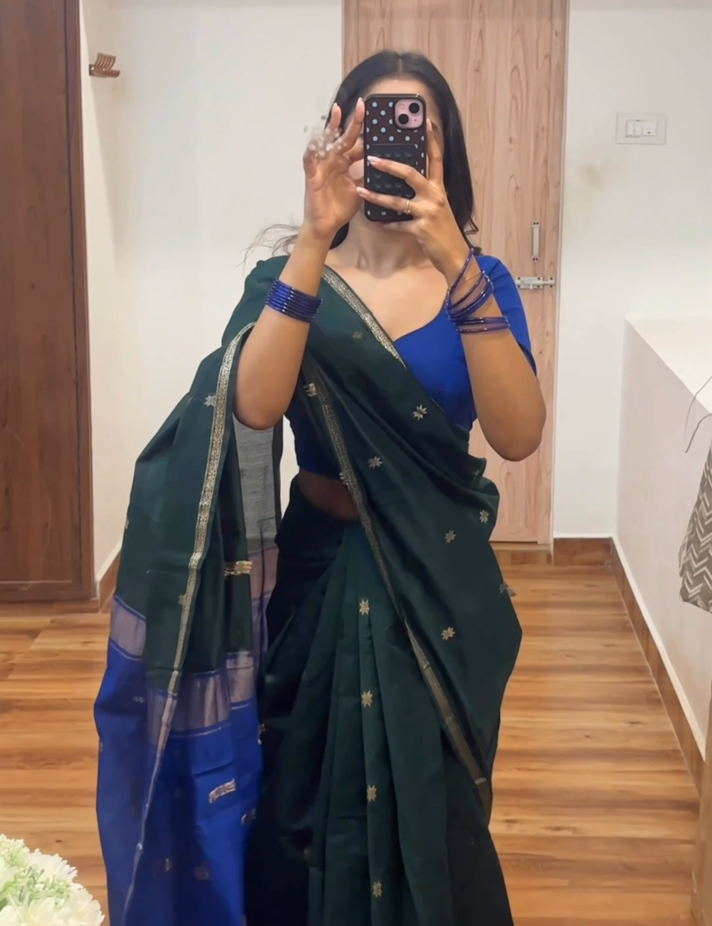 Bottle Green and Blue - Silk cotton Handloom Saree