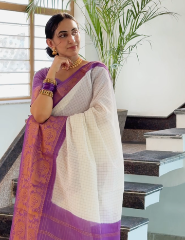 White & Lavender Sungadi Cotton Saree