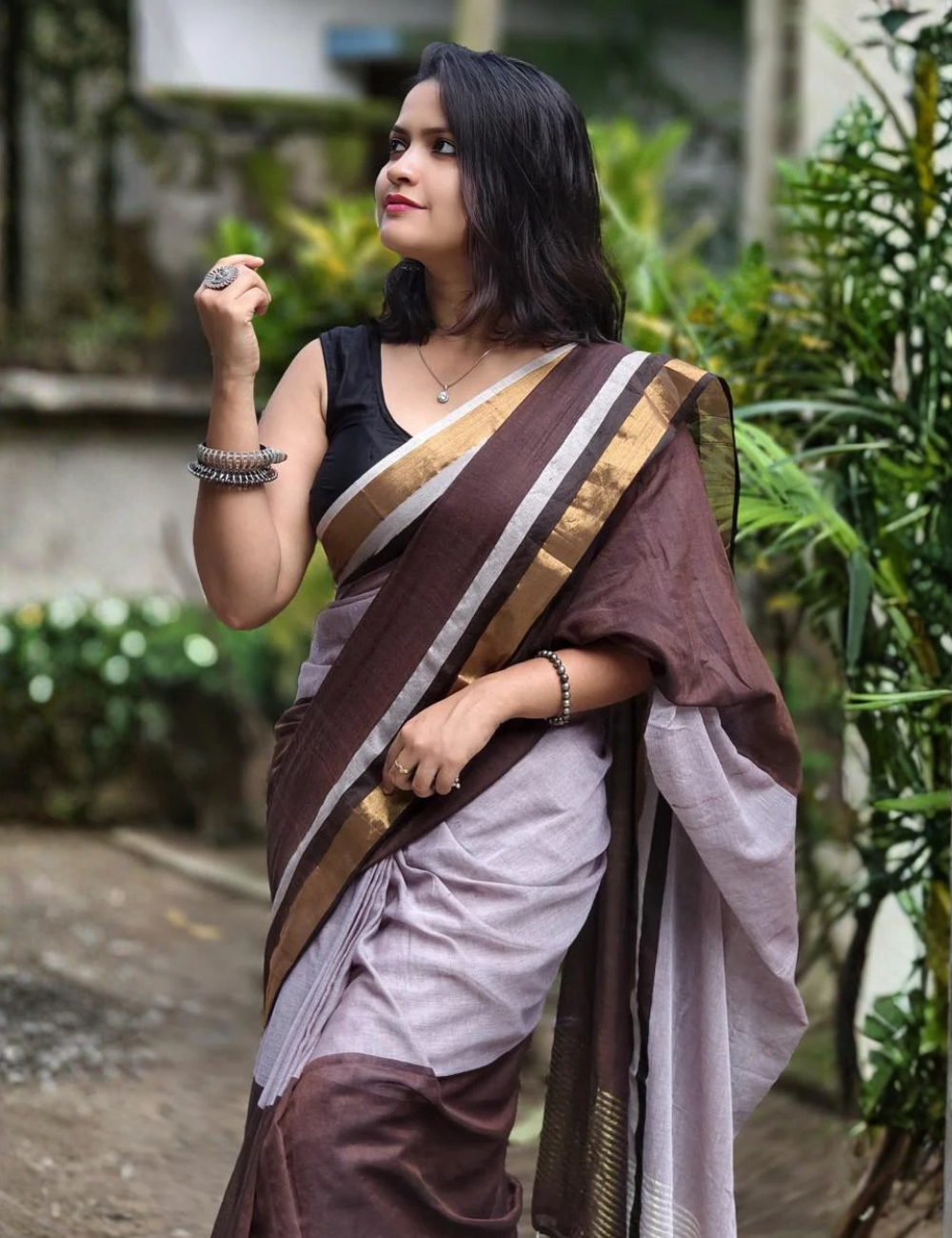 Chocolate Dual coloured Mulmul Saree