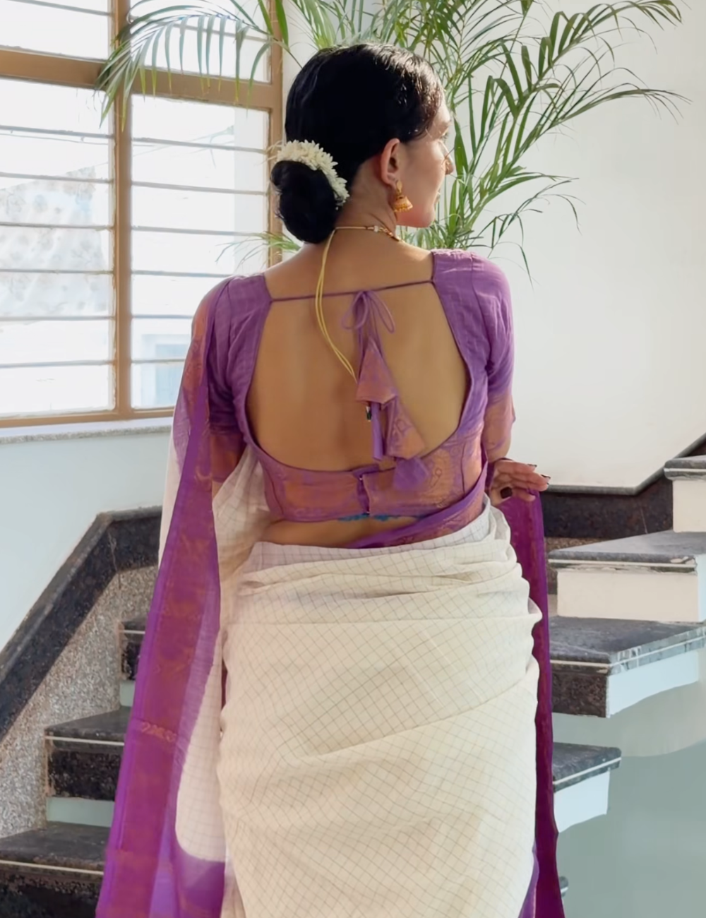 White & Lavender Sungadi Cotton Saree