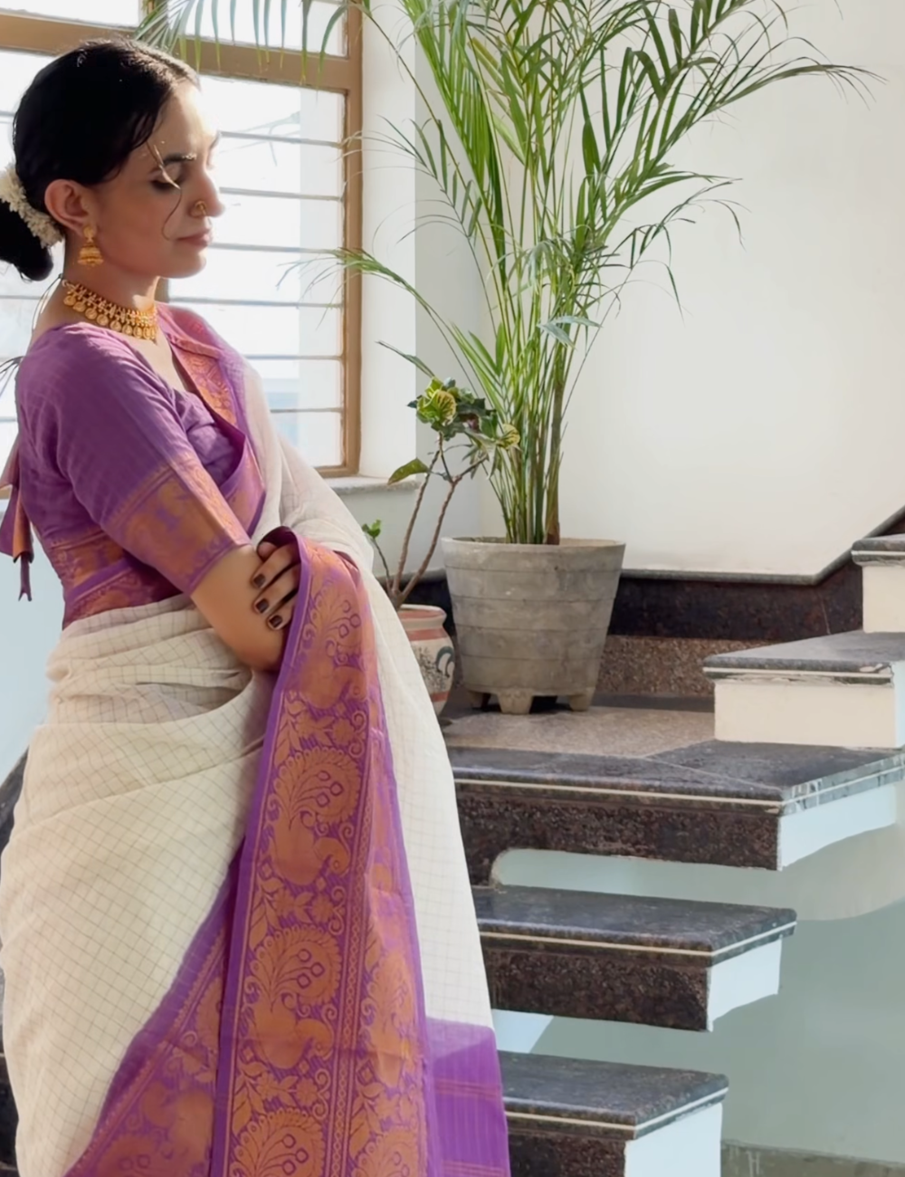White & Lavender Sungadi Cotton Saree