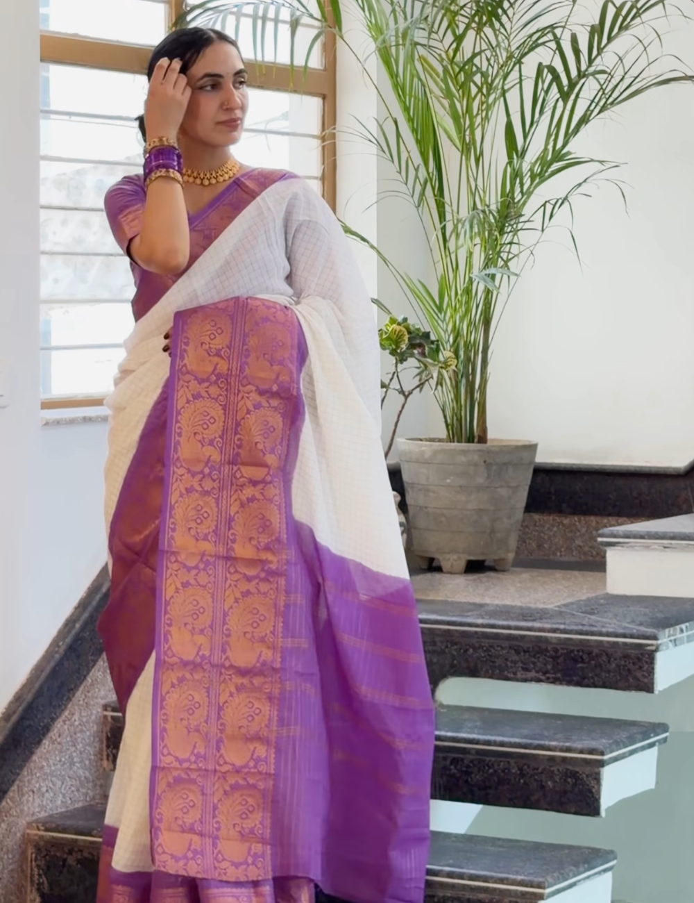 White & Lavender Sungadi Cotton Saree
