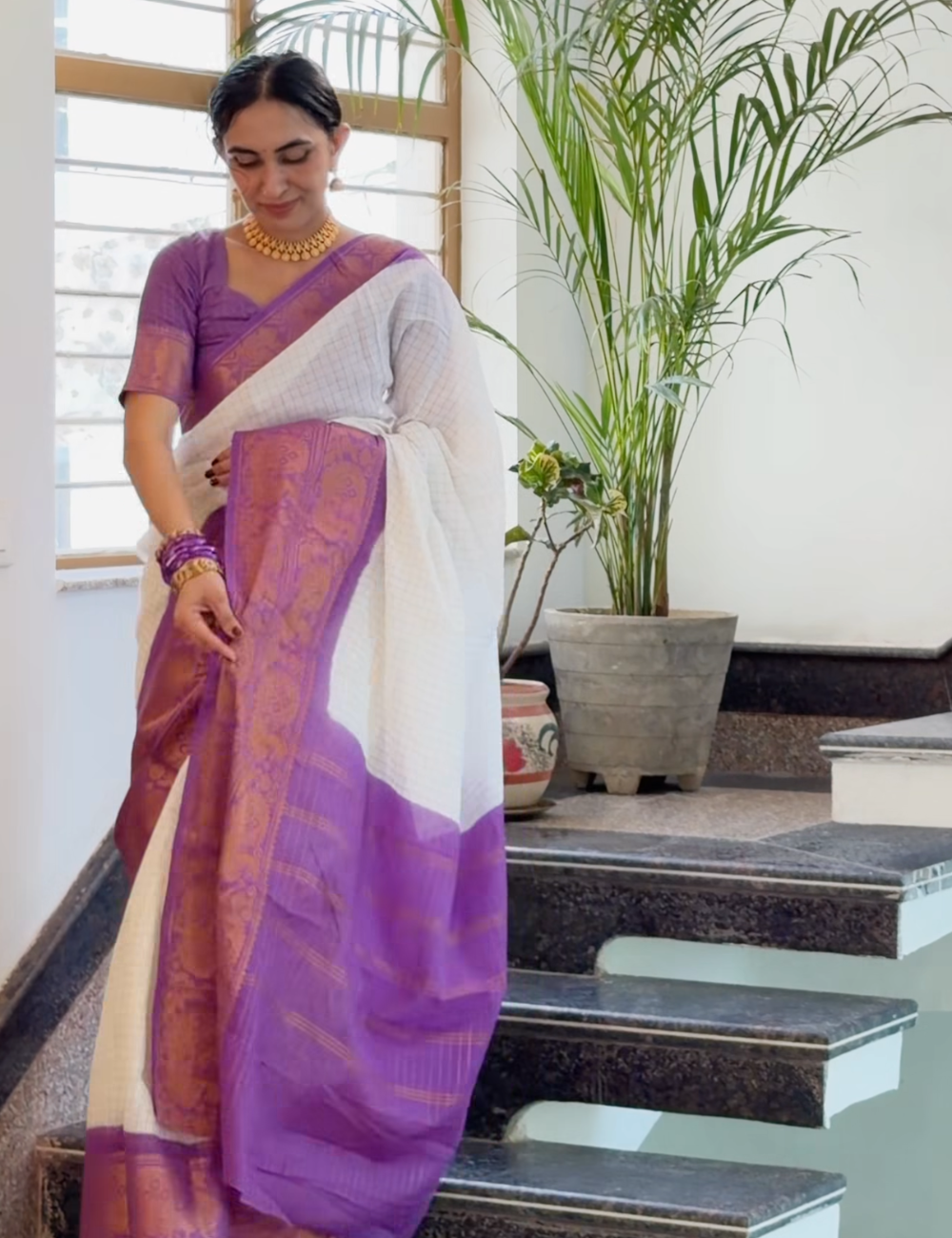 White & Lavender Sungadi Cotton Saree