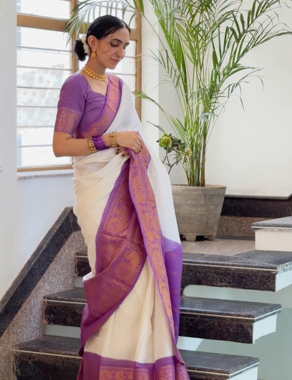 White & Lavender Sungadi Cotton Saree