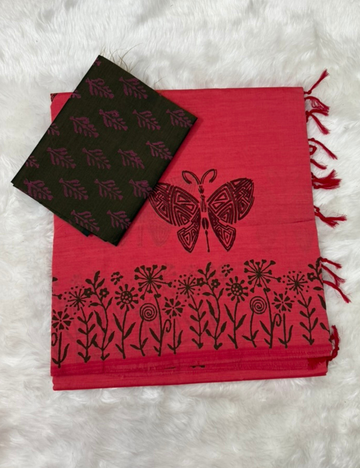 Pink Butterfly Motif Handblock Cotton Saree