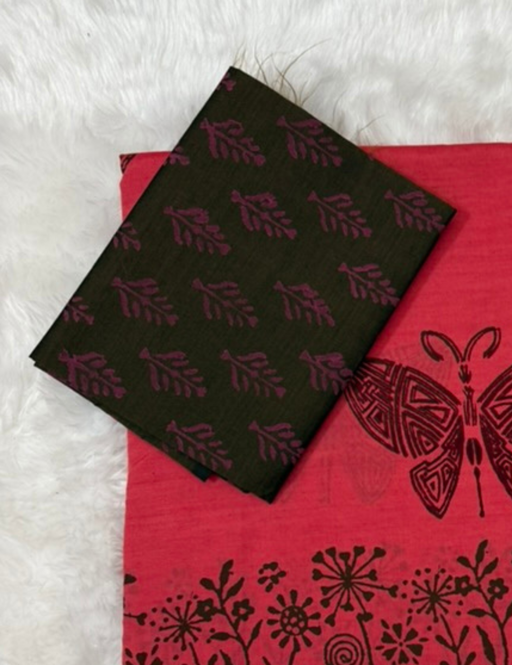 Pink Butterfly Motif Handblock Cotton Saree