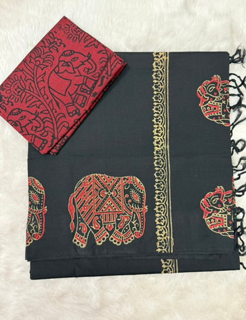 Black Elephant Motif Handblock Cotton Saree