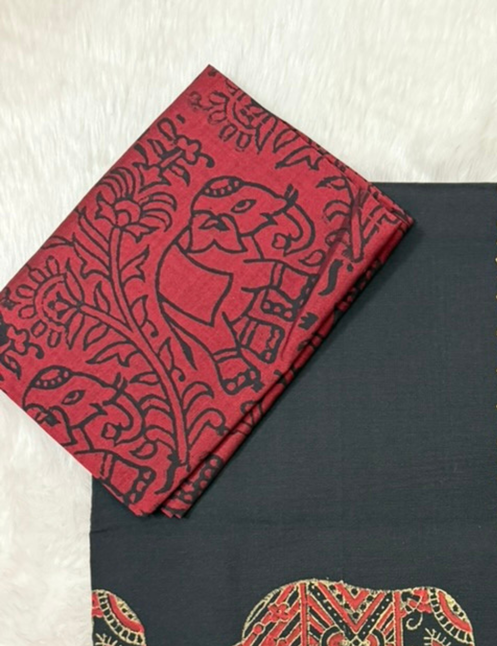 Black Elephant Motif Handblock Cotton Saree