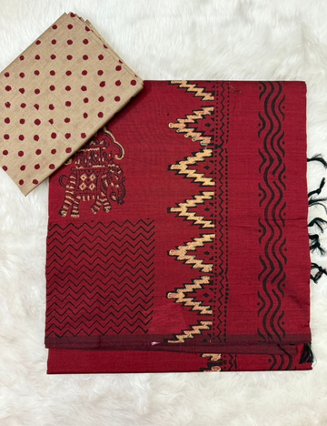 Maroon Handblock Cotton Saree
