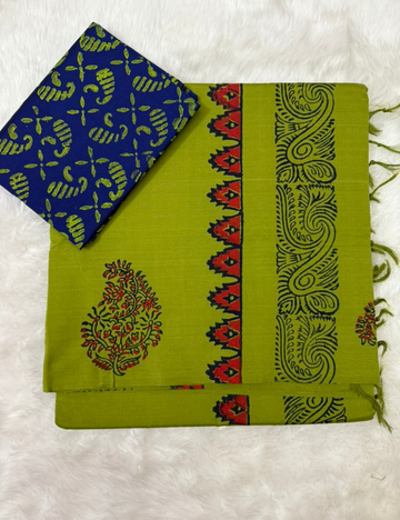 Light Green Handblock Cotton Saree