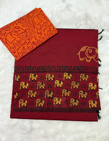 Maroon Elephant Motif Handblock Cotton Saree