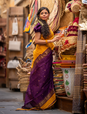 Yellow with Violet - Silk cotton saree