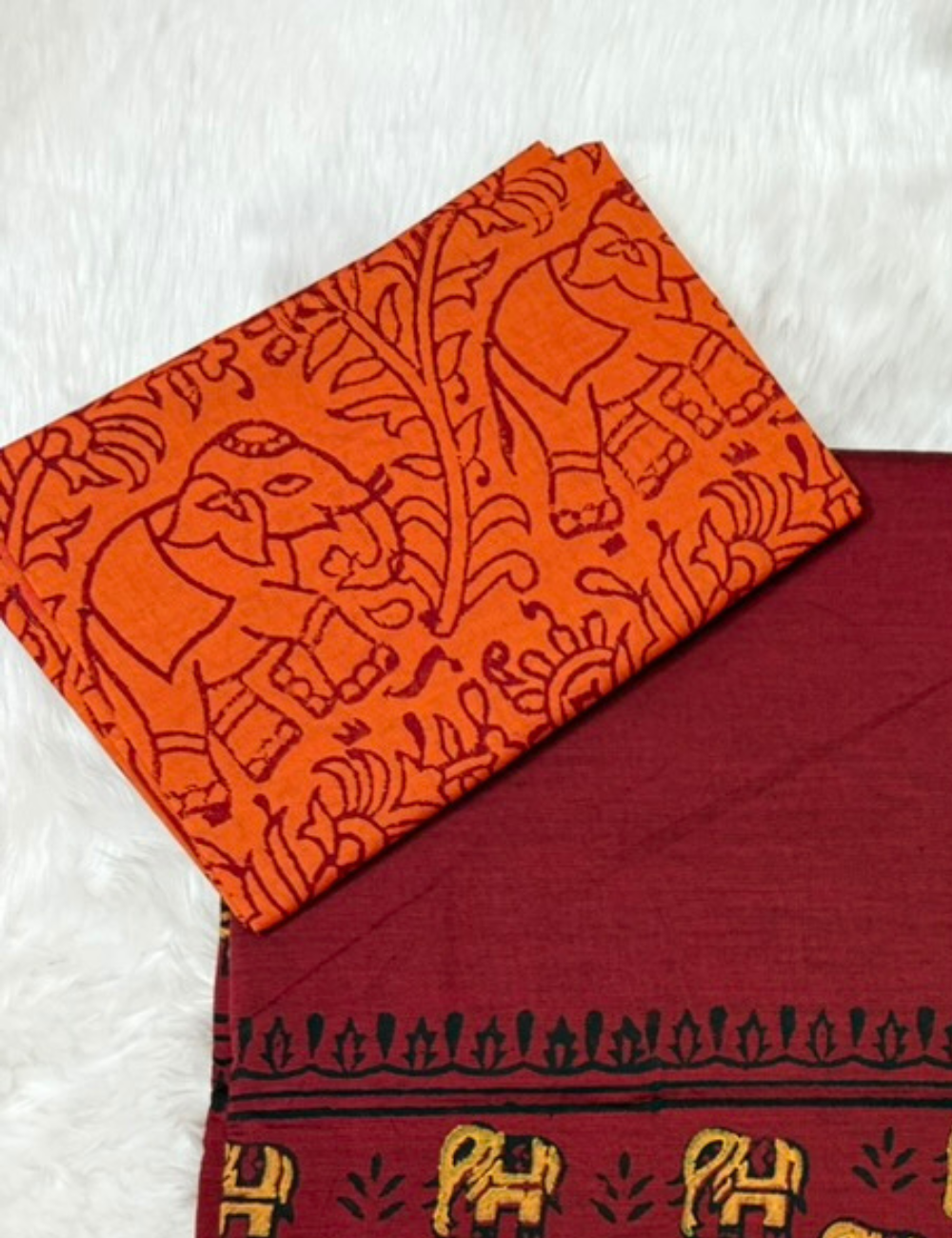 Maroon Elephant Motif Handblock Cotton Saree